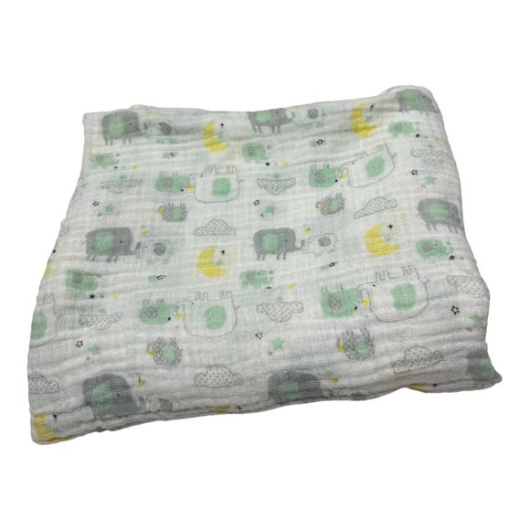 Chick Pea Elephant Muslin Swaddle Baby Blanket Green Yellow Cotton Moon Clouds - Picture 1 of 4